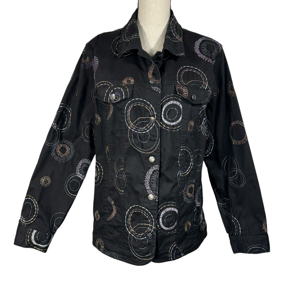 JM Collection SZ 14W Denim Jacket Geometric Embroidered Button-Up Pocket Stretch